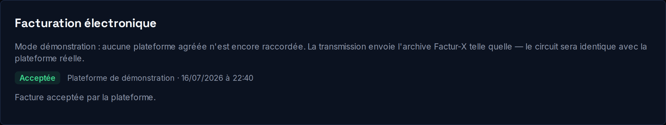 Carte Facturation électronique d'une facture : transmission à la Plateforme Agréée